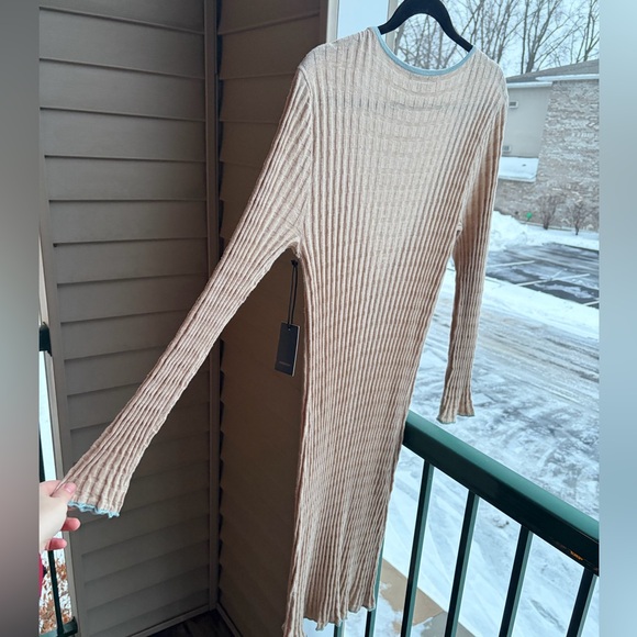 🆕 SWTR Ribbed Knit Long Cardigan Dress Beige Blue Trim Button Front Size M NWT - Picture 6 of 16